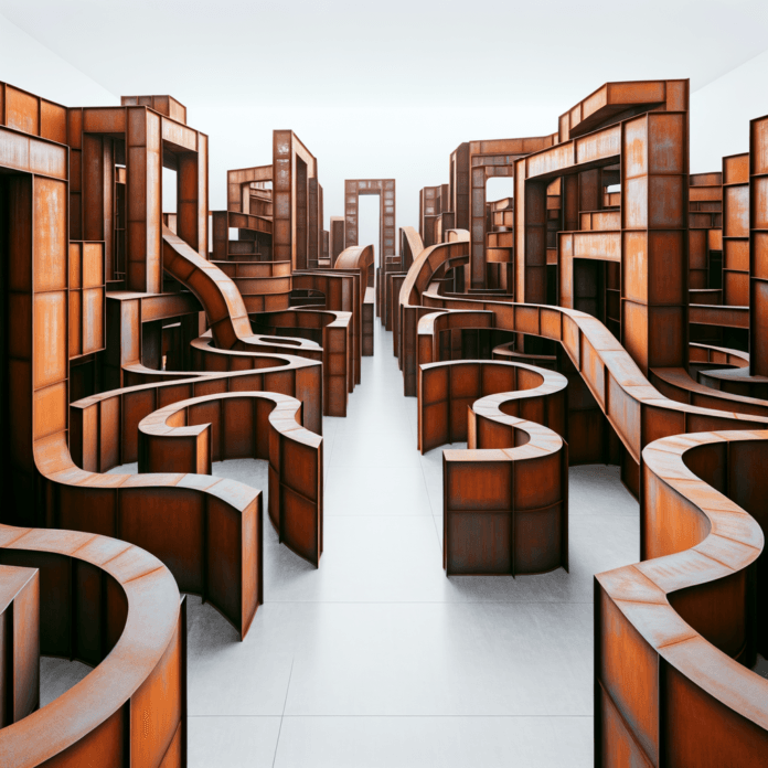 Un labirinto altissimo formato da pannelli sinuosi in acciaio corten all'interno di un museo minimale come le isntallazioni artistiche di Richard serra Conosciuto per le sue imponenti sculture in acciaio, Serra ha ridefinito il concetto di spazio pubblico attraverso le sue opere, influenzando generazioni di artisti e appassionati. Un labirinto altissimo formato da pannelli sinuosi in acciaio corten all'interno di un museo minimale come le isntallazioni artistiche di Richard serra Conosciuto per le sue imponenti sculture in acciaio, Serra ha ridefinito il concetto di spazio pubblico attraverso le sue opere, influenzando generazioni di artisti e appassionati.